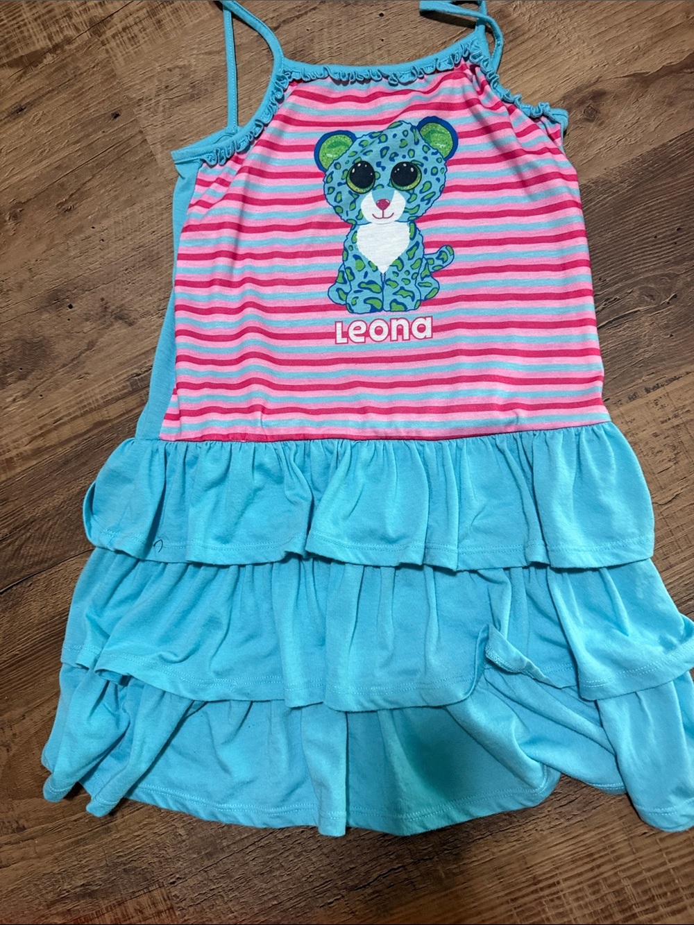 Ty Girls' Blue and Pink Striped Ruffle Dress with Leopard Graphic